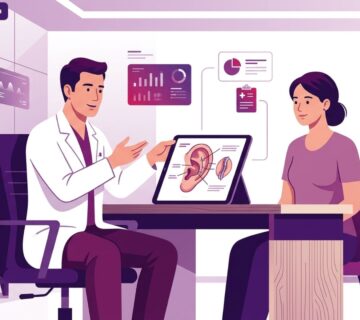 رسم توضيحي طبيب يشرح خطوات جراحة ترميم الأذن الخفاشية جراحياً لمريض في عيادة فخمة 