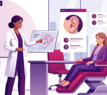 رسم توضيحي لعيادة طبية فاخرة يشرح فيها الطبيب تفاصيل جراحة تصحيح أذن داروين للمريض