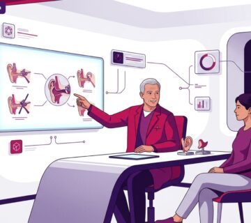 رسم توضيحي طبي متقدم لطبيب يشرح تفاصيل جراحة تصحيح التفاف الأذن العلوي جراحياً لمريض داخل عيادة فخمة 
