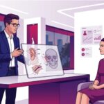 رسم توضيحي يصور طبيب تجميل يشرح تفاصيل جراحة زاوية الاذن مع الراس للمريض في عيادة طبية حديثة 