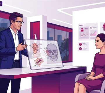 رسم توضيحي يصور طبيب تجميل يشرح تفاصيل جراحة زاوية الاذن مع الراس للمريض في عيادة طبية حديثة 