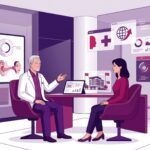 رسم توضيحي طبي فاخر لطبيب يشرح تفاصيل جراحة صيوان الأذن في تركيا لمريض في عيادة حديثة 