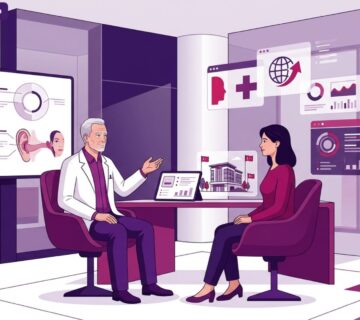 رسم توضيحي طبي فاخر لطبيب يشرح تفاصيل جراحة صيوان الأذن في تركيا لمريض في عيادة حديثة 