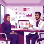 رسم توضيحي يظهر طبيباً يشرح تفاصيل تتعلق بموضوع سعر عملية انحراف الحاجز الأنفي واللحمية لمريض داخل عيادة طبية حديثة ومتقدمة 