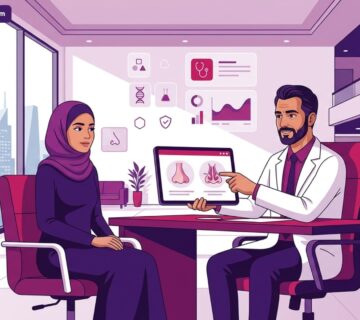 رسم توضيحي يظهر طبيباً يشرح تفاصيل تتعلق بموضوع سعر عملية انحراف الحاجز الأنفي واللحمية لمريض داخل عيادة طبية حديثة ومتقدمة 