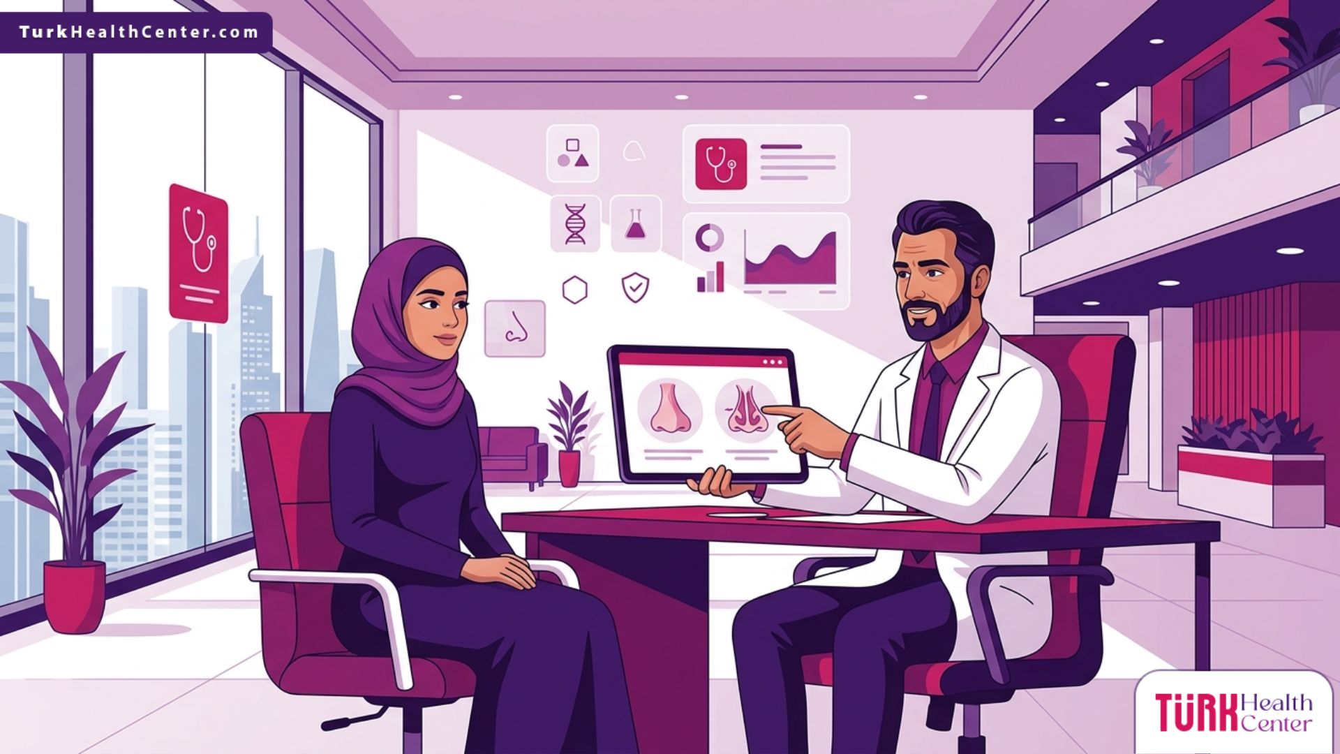 رسم توضيحي يظهر طبيباً يشرح تفاصيل تتعلق بموضوع سعر عملية انحراف الحاجز الأنفي واللحمية لمريض داخل عيادة طبية حديثة ومتقدمة