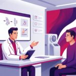 رسم توضيحي لطبيب يشرح خطوات علاج صدمات الأنف المكسور في تركيا لمريض داخل عيادة فخمة