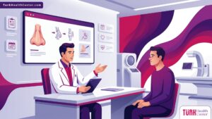 رسم توضيحي لطبيب يشرح خطوات علاج صدمات الأنف المكسور في تركيا لمريض داخل عيادة فخمة