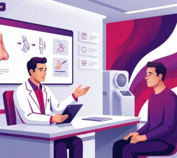 رسم توضيحي لطبيب يشرح خطوات علاج صدمات الأنف المكسور في تركيا لمريض داخل عيادة فخمة