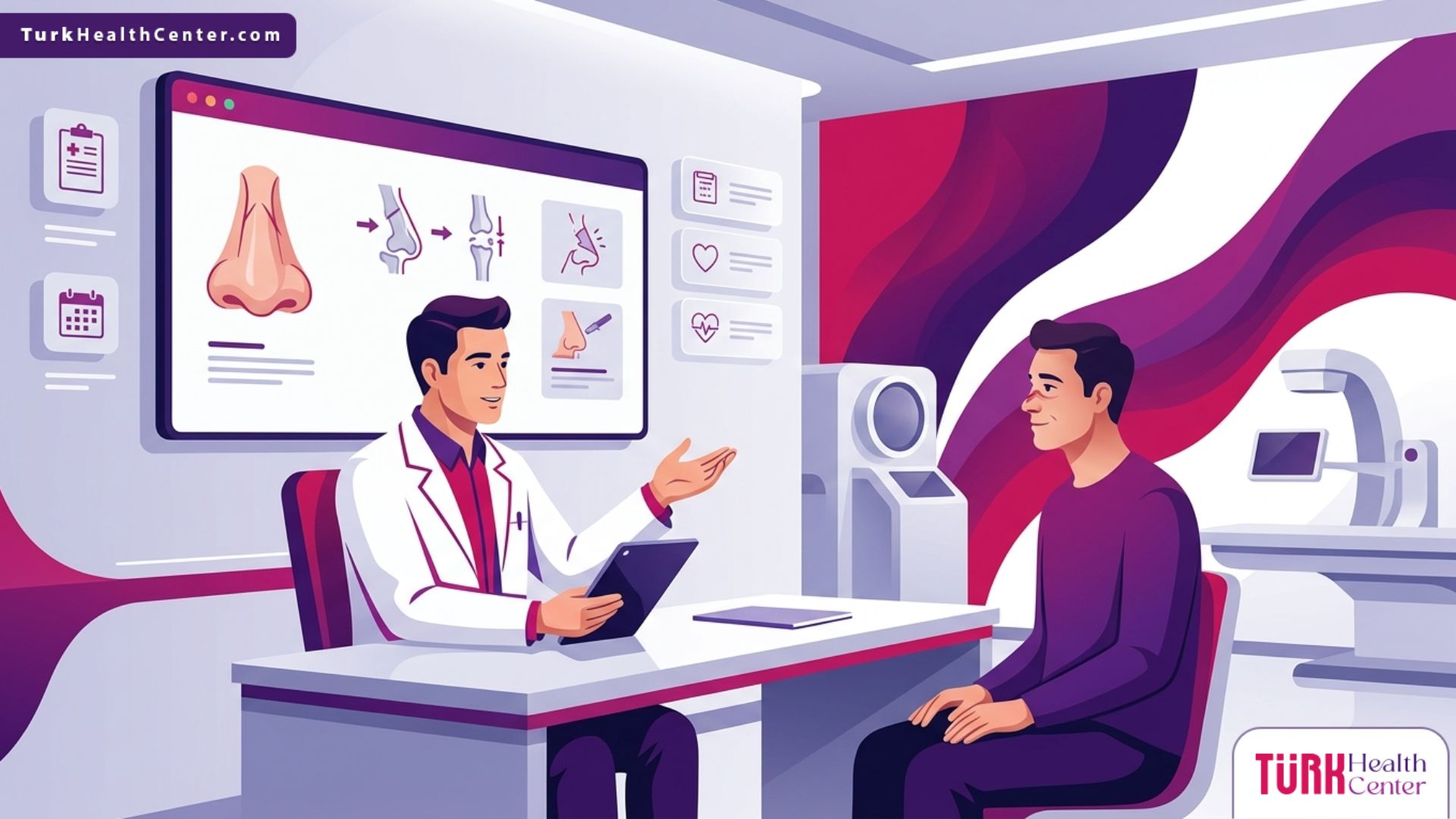 رسم توضيحي لطبيب يشرح خطوات علاج صدمات الأنف المكسور في تركيا لمريض داخل عيادة فخمة