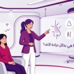 رسم توضيحي لعيادة طبية فاخرة يشرح فيها الطبيب للمريض ما هي بدائل جراحة الأنف؟ بألوان متناسقة 
