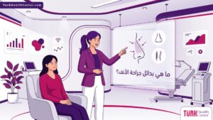 رسم توضيحي لعيادة طبية فاخرة يشرح فيها الطبيب للمريض ما هي بدائل جراحة الأنف؟ بألوان متناسقة 