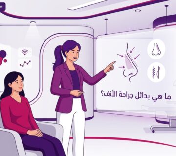 رسم توضيحي لعيادة طبية فاخرة يشرح فيها الطبيب للمريض ما هي بدائل جراحة الأنف؟ بألوان متناسقة 