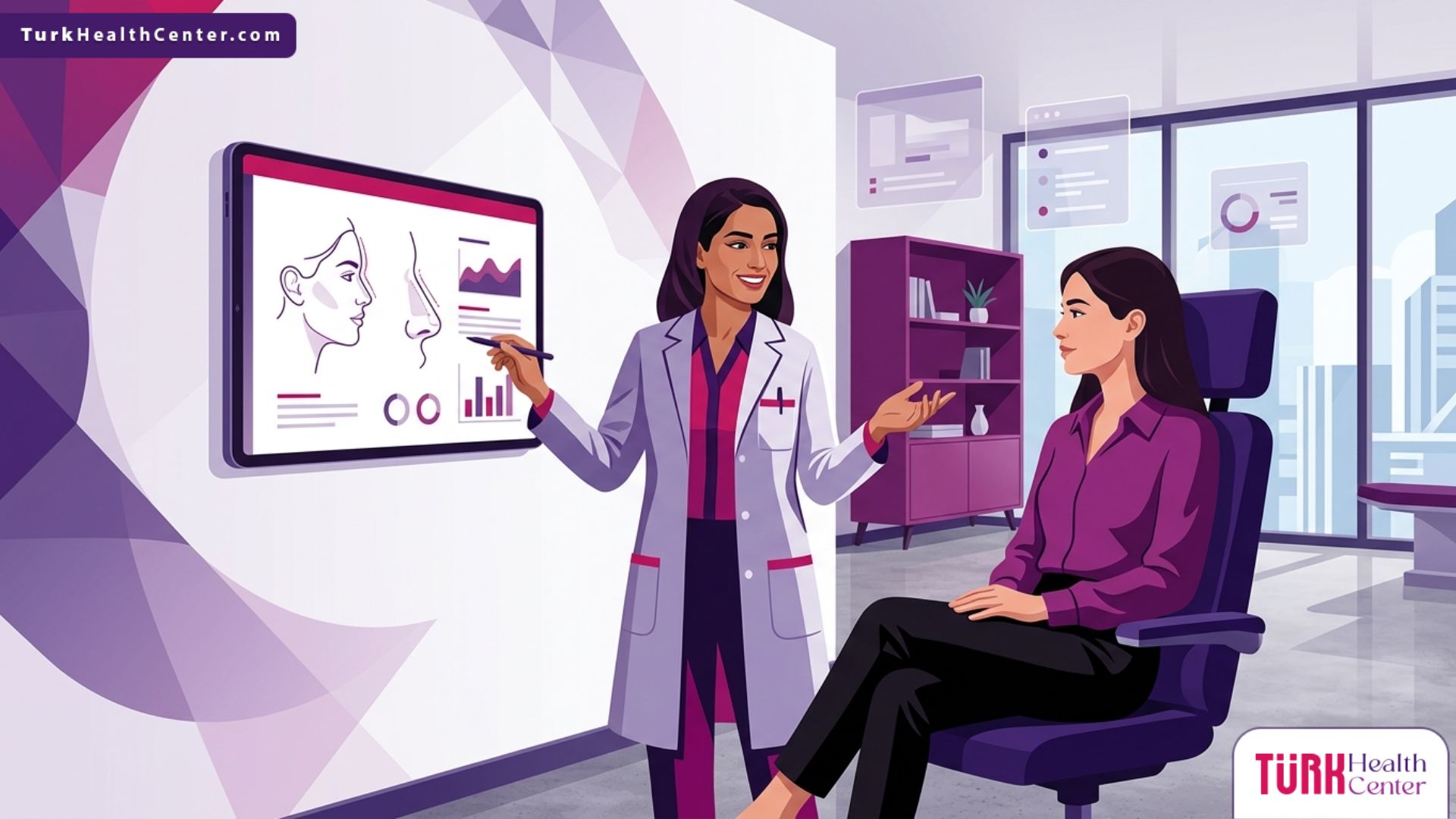 طبيب يشرح للمريض هل عملية تجميل الأنف تغير الملامح؟ داخل عيادة طبية فاخرة 