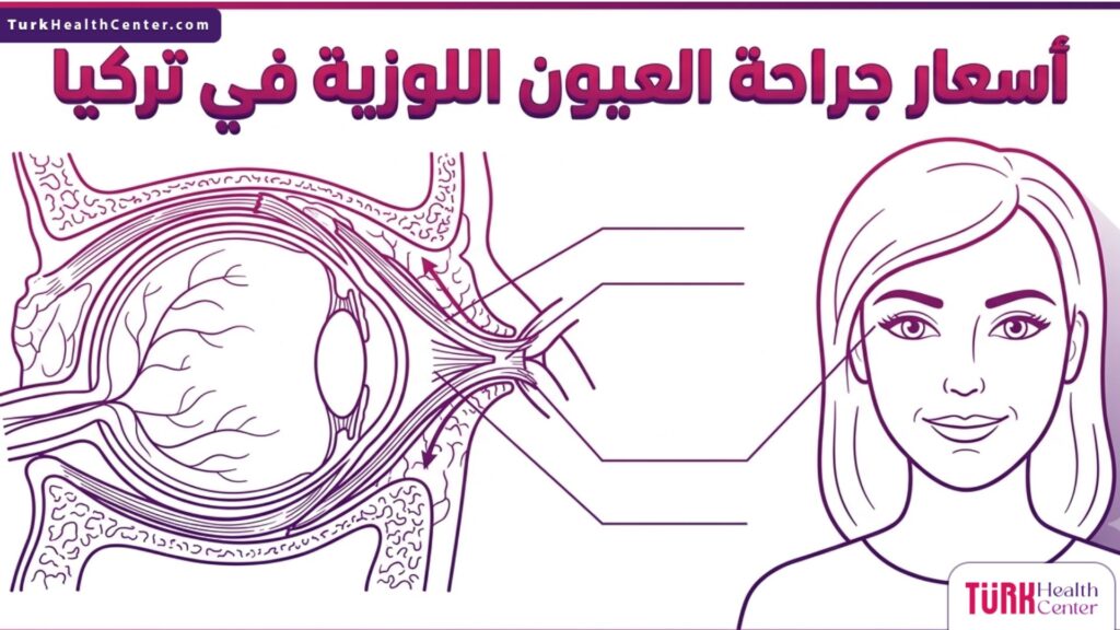 مخطط إنفوجرافيك طبي يشرح التشريح الدقيق لشد وتر العين الخارجي للحصول على العيون اللوزية مع تفاصيل باقات الأسعار في تركيا.