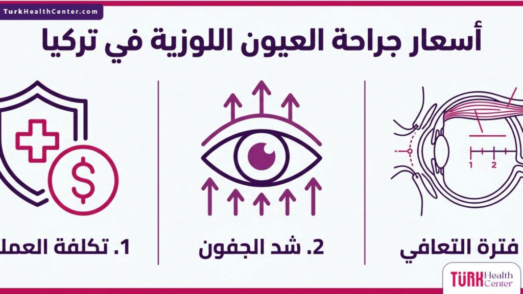 بوستر إنفوجرافيك طبي مقسم إلى ثلاثة أقسام يوضح تكلفة العملية وخطوات شد الجفون وفترة التعافي لجراحة العيون اللوزية في تركيا.