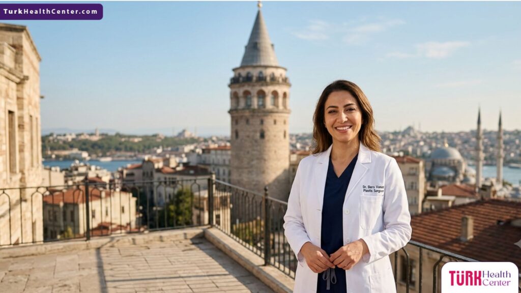 جراح تجميل عيون متميز يقف بثقة أمام برج غلاطة في إسطنبول، ليعكس جودة وأمان خدمات جراحة العيون اللوزية في تركيا بأسعار مناسبة.