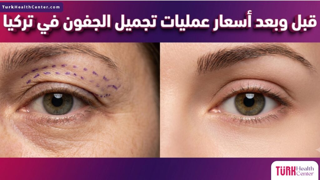 مقارنة قبل وبعد تظهر علامات التخطيط الجراحي والنتيجة النهائية لعملية شد الجفون موضحة أسعار عمليات تجميل الجفون في تركيا.