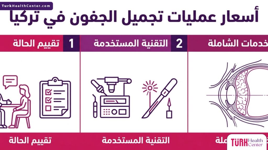 إنفوجرافيك طبي مقسم إلى ثلاثة أعمدة يوضح العوامل الأساسية التي تحدد أسعار عمليات تجميل الجفون في تركيا.