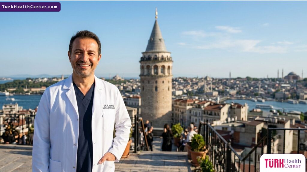 طبيب تجميل متخصص يقف أمام برج غالاطة في إسطنبول لتقديم الاستشارات حول أسعار عمليات تجميل الجفون في تركيا.