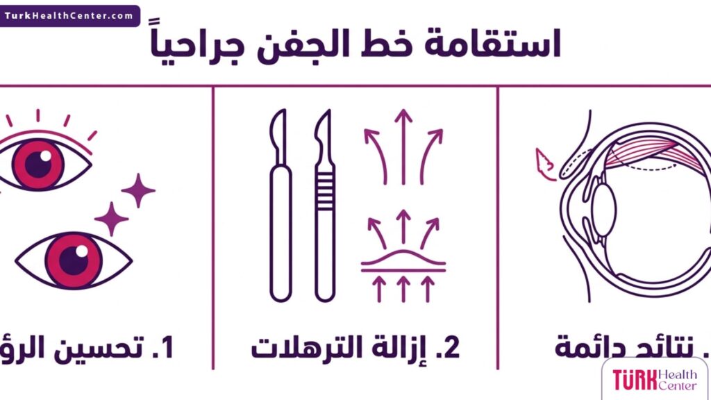 رسم بياني مقسم يوضح خطوات وفوائد استقامة خط الجفن جراحياً