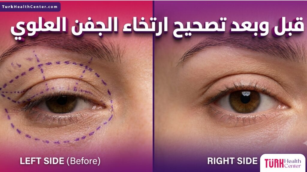 صورة قبل وبعد تظهر نتائج تصحيح ارتخاء الجفن العلوي مع خطوط التخطيط الطبي الجراحي