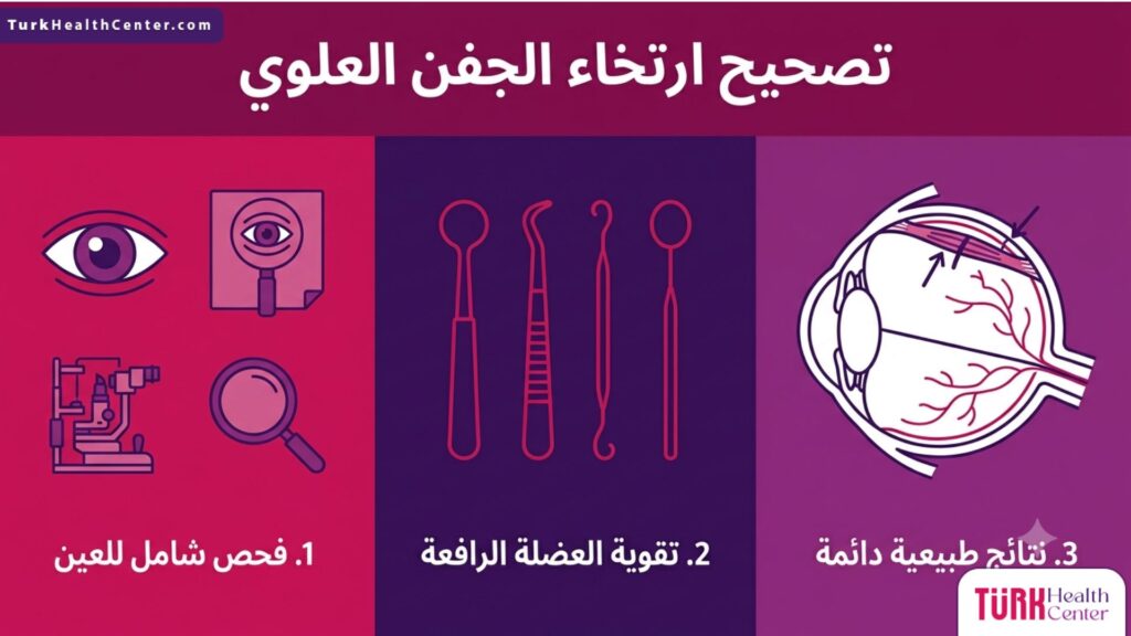 تصميم إنفوجرافيك مقسم يوضح خطوات وأمان إجراء تصحيح ارتخاء الجفن العلوي
