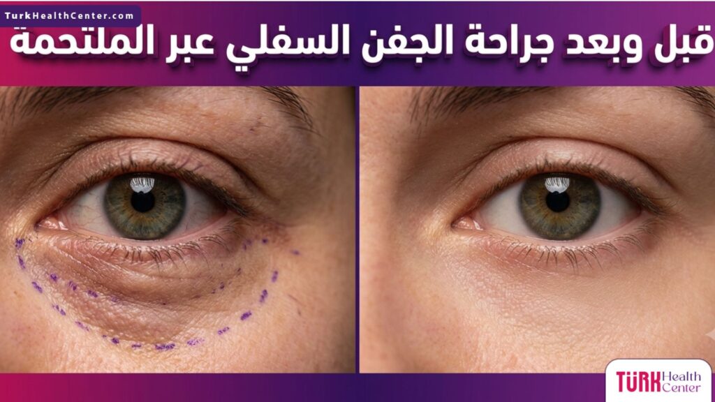 مقارنة قبل وبعد توضح نتائج جراحة الجفن السفلي عبر الملتحمة للتخلص من الأكياس الدهنية.