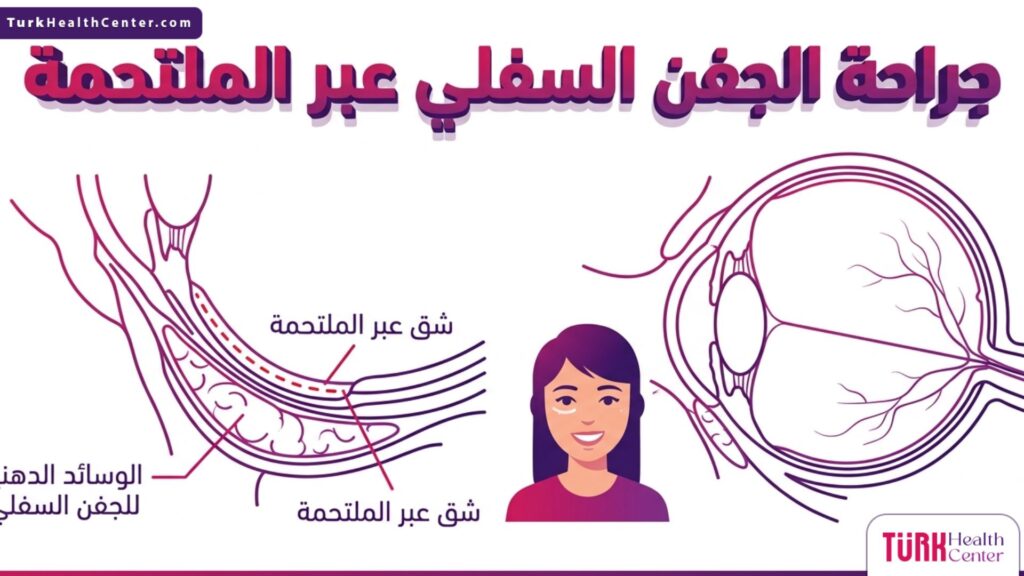 إنفوجرافيك طبي دقيق يوضح التشريح الداخلي وطريقة إجراء جراحة الجفن السفلي عبر الملتحمة.