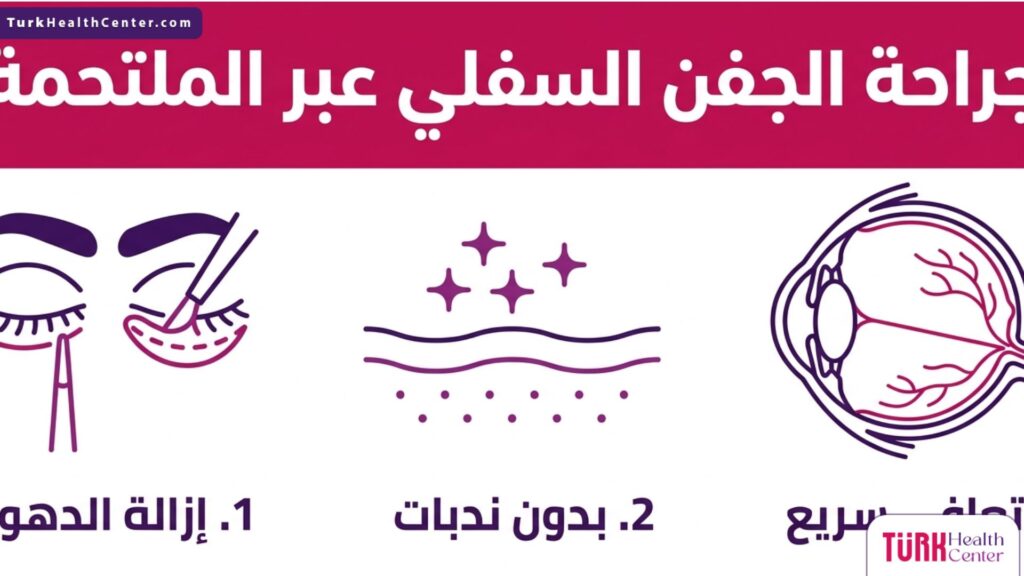 رسم بياني يوضح المزايا الثلاث الرئيسية لـ جراحة الجفن السفلي عبر الملتحمة.