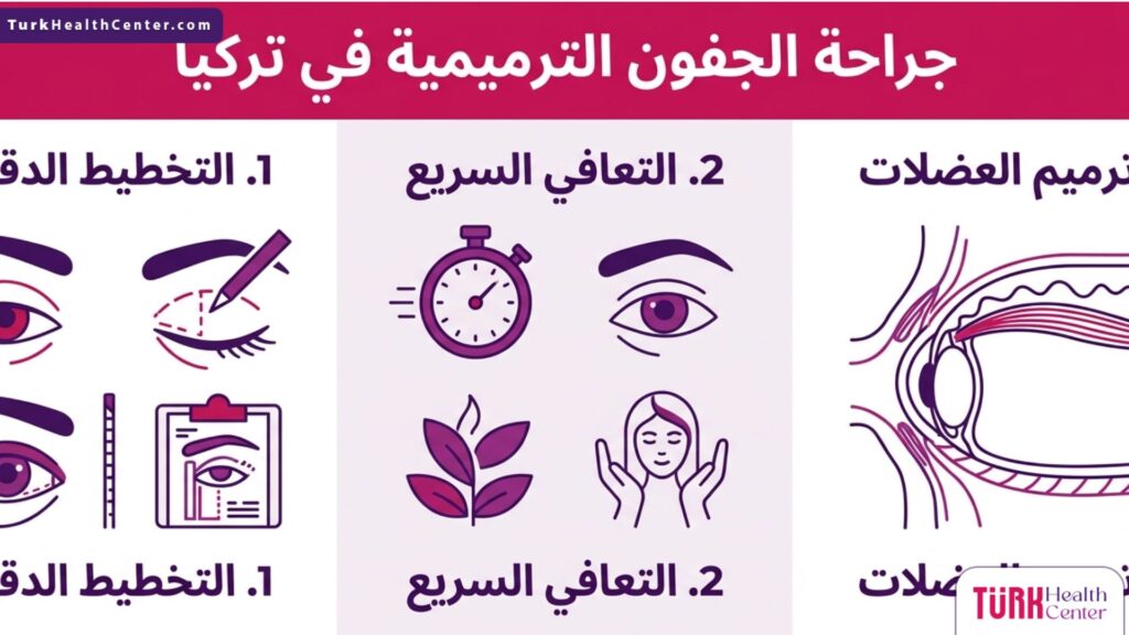 إنفوجرافيك معلوماتي ثلاثي الأقسام يوضح خطوات جراحة الجفون الترميمية في تركيا وأهم مزاياها العلاجية والجمالية.
