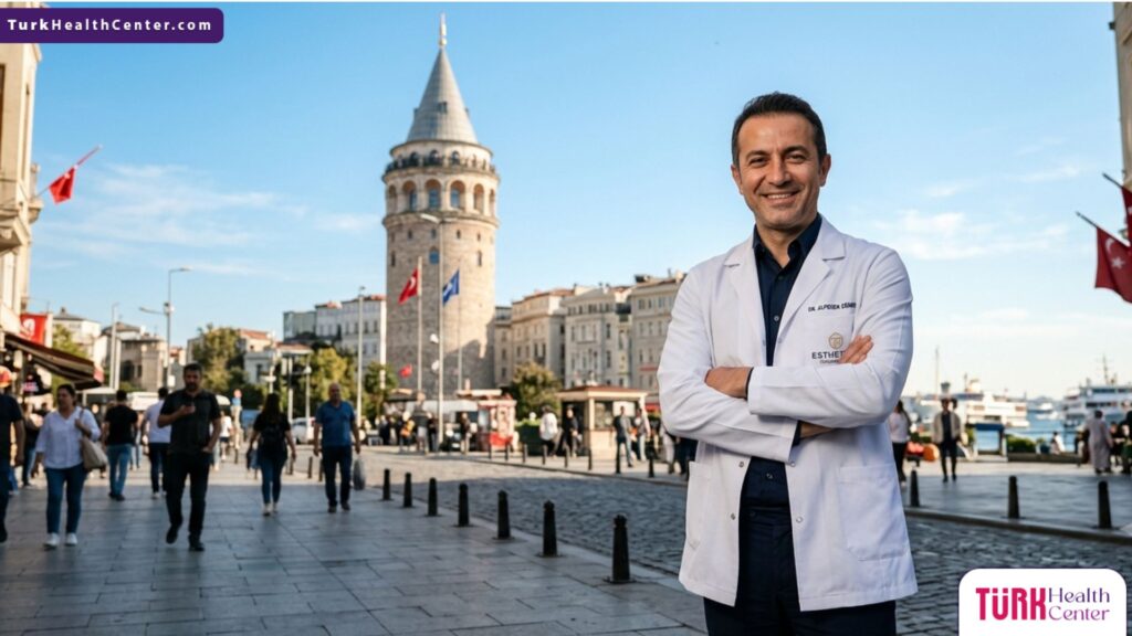 طبيب جراح متميز يقف أمام برج غلطة الشهير في إسطنبول كرمز للتميز في جراحة الجفون الترميمية في تركيا.