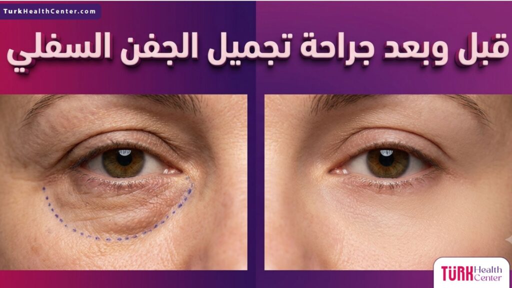 مقارنة قبل وبعد تظهر نتائج جراحة تجميل الجفن السفلي وكيفية التخلص من الأكياس الدهنية.