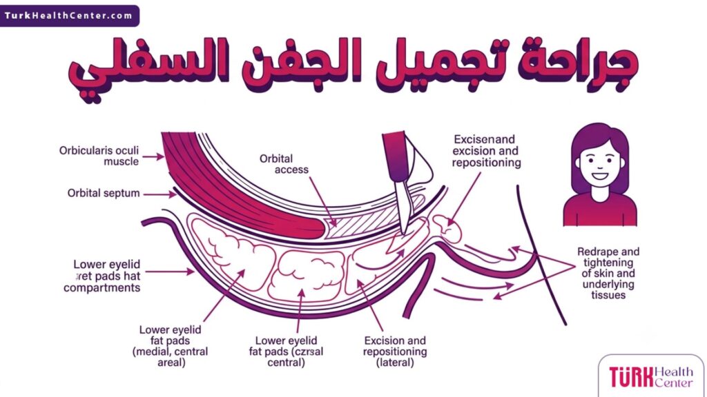 رسم تشريحي دقيق يوضح التركيب الداخلي للعين والية عمل جراحة تجميل الجفن السفلي.