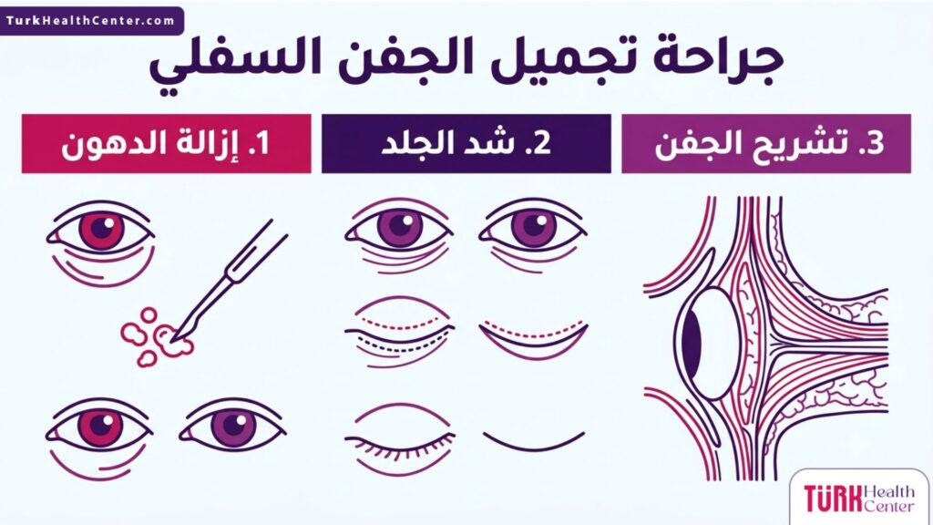 إنفوجرافيك طبي يشرح خطوات جراحة تجميل الجفن السفلي وكيفية شد الجلد وإزالة الدهون.