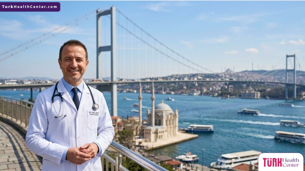 طبيب تجميل متخصص في جراحة تجميل الجفن السفلي يقف أمام جسر البوسفور في إسطنبول، تركيا.