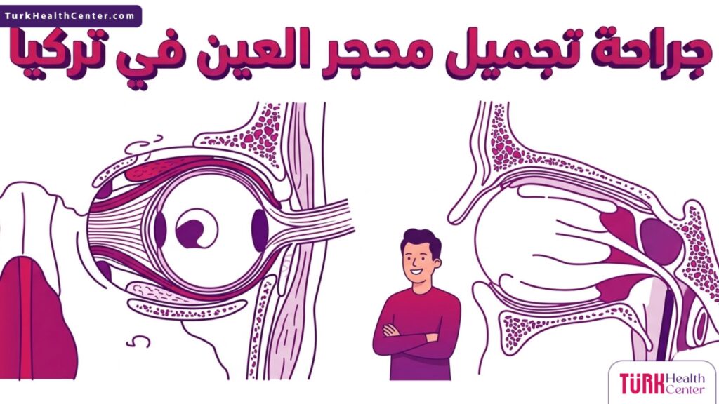 رسم بياني طبي يوضح التشريح الهيكلي الدقيق للعظام والأنسجة الخاصة بإجراء جراحة تجميل محجر العين في تركيا.