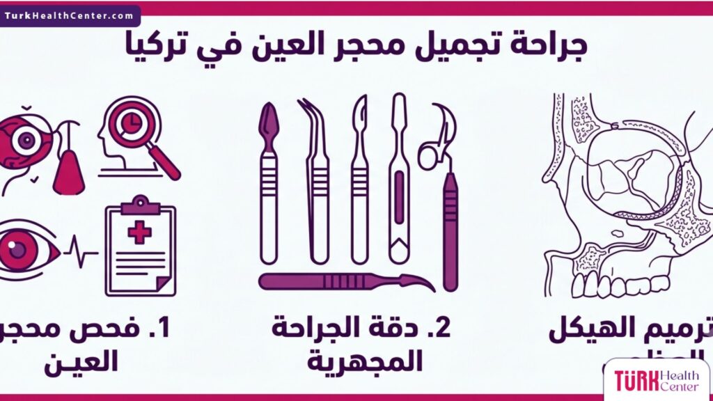 إنفوجرافيك طبي يسلط الضوء على خطوات جراحة تجميل محجر العين في تركيا بدءاً من الفحص وحتى الترميم الهيكلي.