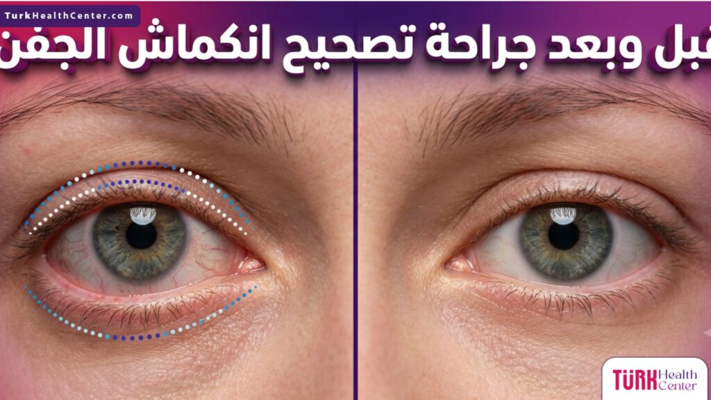 مقارنة قبل وبعد جراحة تصحيح انكماش الجفن تظهر التخطيط الطبي والنتيجة النهائية المتناسقة.