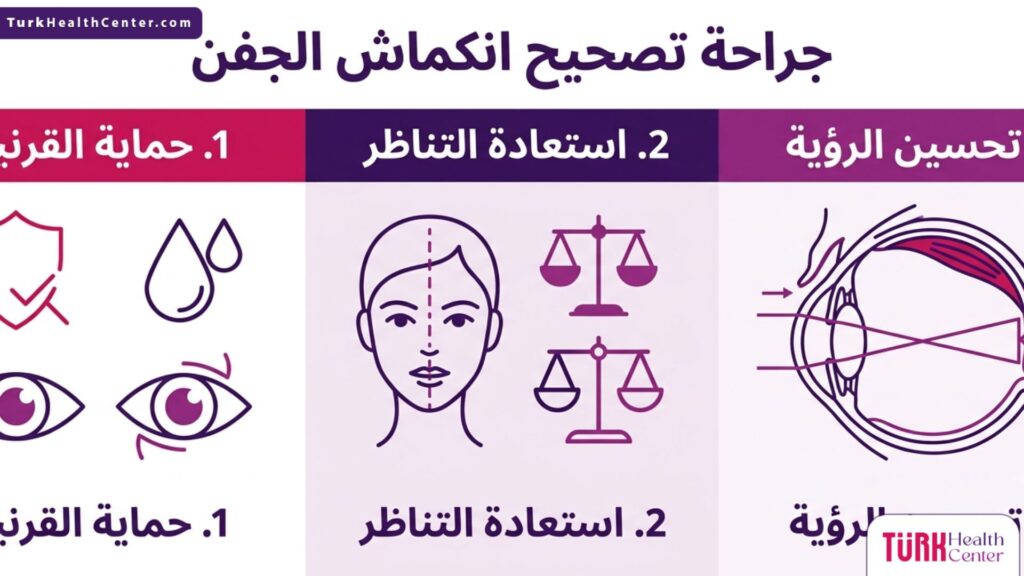 إنفوجرافيك طبي يستعرض فوائد وخطوات جراحة تصحيح انكماش الجفن بأسلوب علمي مبسط.