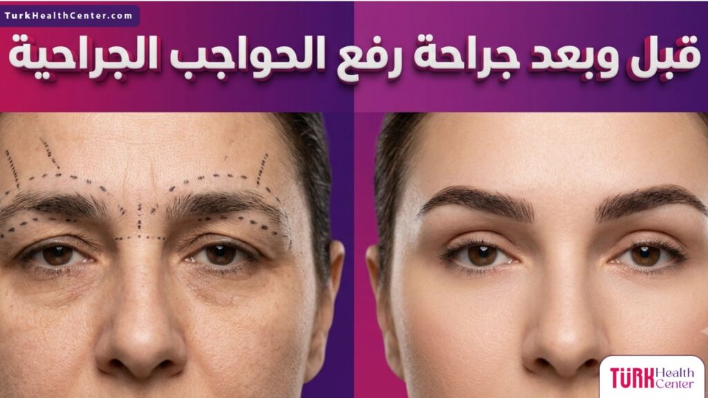 صورة مقارنة قبل وبعد تظهر التغيير الملحوظ في شكل العين والجبين بعد إجراء جراحة رفع الحواجب الجراحية مع خطوط التخطيط الطبي.