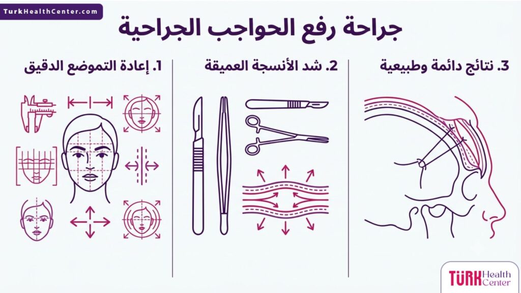 إنفوجرافيك طبي يشرح الخطوات الثلاث الأساسية والفوائد الخاصة بـ جراحة رفع الحواجب الجراحية بشكل مبسط.