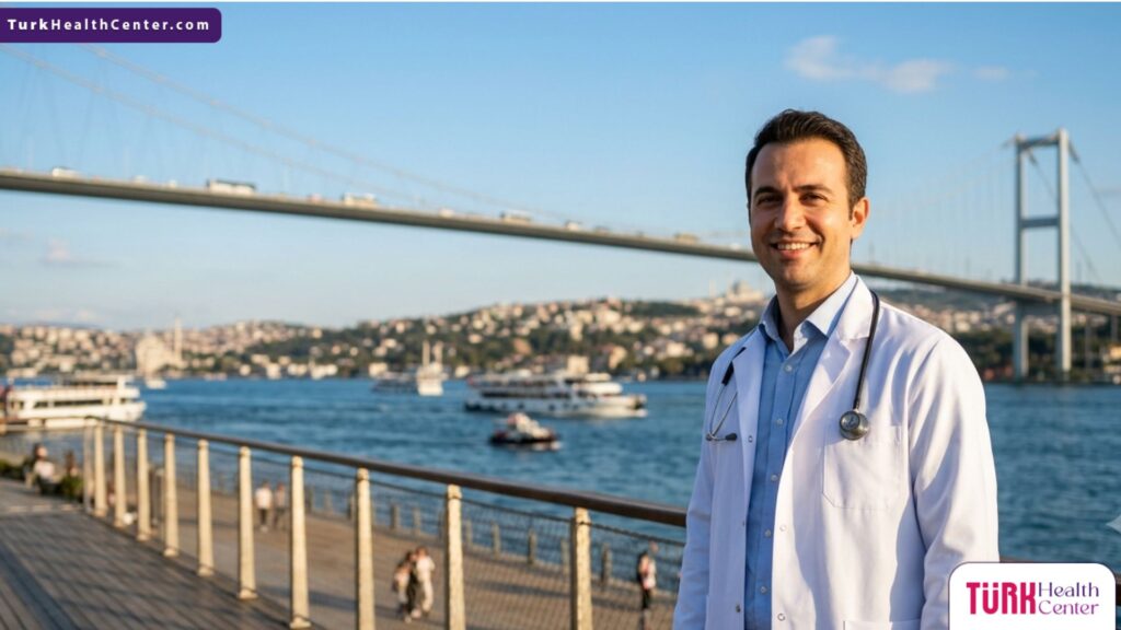 طبيب تجميل متخصص في جراحة رفع الحواجب الجراحية يقف بثقة أمام جسر البوسفور في إسطنبول تحت أشعة الشمس الساطعة.