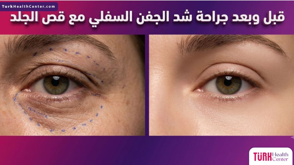 مقارنة قبل وبعد توضح النتائج المذهلة لعملية جراحة شد الجفن السفلي مع قص الجلد مع خطوط الجراحة التوضيحية