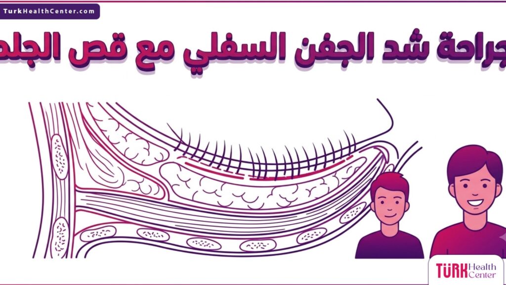 مخطط إنفوجرافيك تشريحي دقيق يوضح التركيب الداخلي وخطوات جراحة شد الجفن السفلي مع قص الجلد