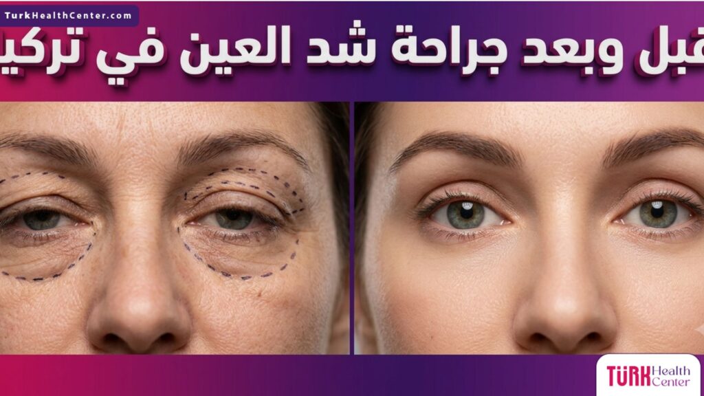 مقارنة قبل وبعد تظهر نتائج جراحة شد العين في تركيا، مع توضيح الخطوط الطبية للجراحة والمظهر الشبابي المشدود بعد التعافي.