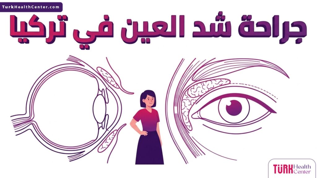 تصميم إنفوجرافيك طبي دقيق يوضح التشريح الداخلي وتوزيع الدهون والعضلات في الجفون وكيفية إجراء جراحة شد العين في تركيا.