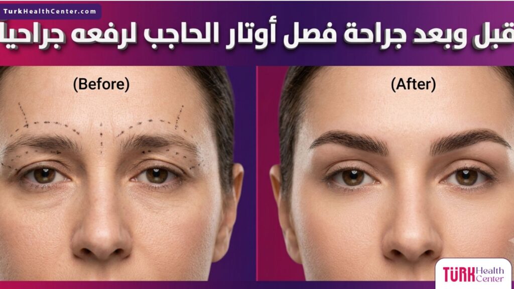 صورة قبل وبعد جراحة فصل أوتار الحاجب لرفعه جراحياً تظهر التغيير الطبيعي والجذاب في منطقة الجبهة.