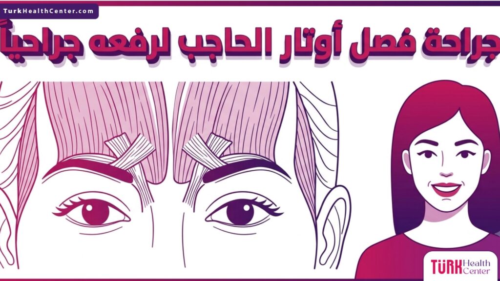 إنفوجرافيك تشريحي يوضح التركيب الداخلي والأربطة خلال جراحة فصل أوتار الحاجب لرفعه جراحياً.