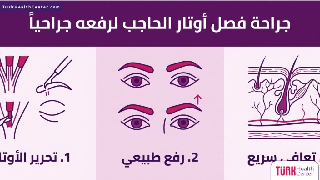 إنفوجرافيك تعليمي يسلط الضوء على 3 مراحل أساسية في جراحة فصل أوتار الحاجب لرفعه جراحياً.